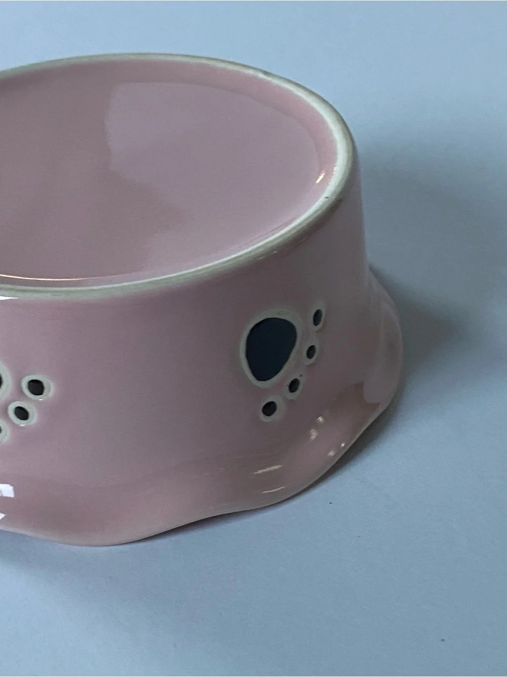 Pink Ceramic Dog Food Water Dish Bowl Stoneware 5” Wavy Edge Paw Prints Bone